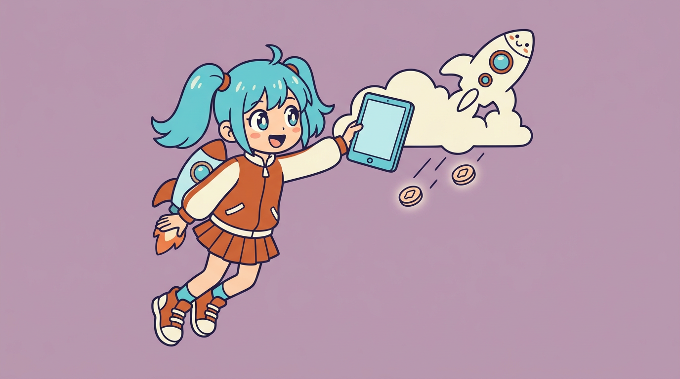 idea chan flies with a rocket pack, holding a tablet, coins and a rocket behind her